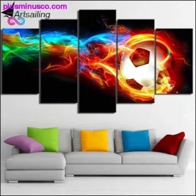 5 piece canvas art burning fire Soccer Ball for