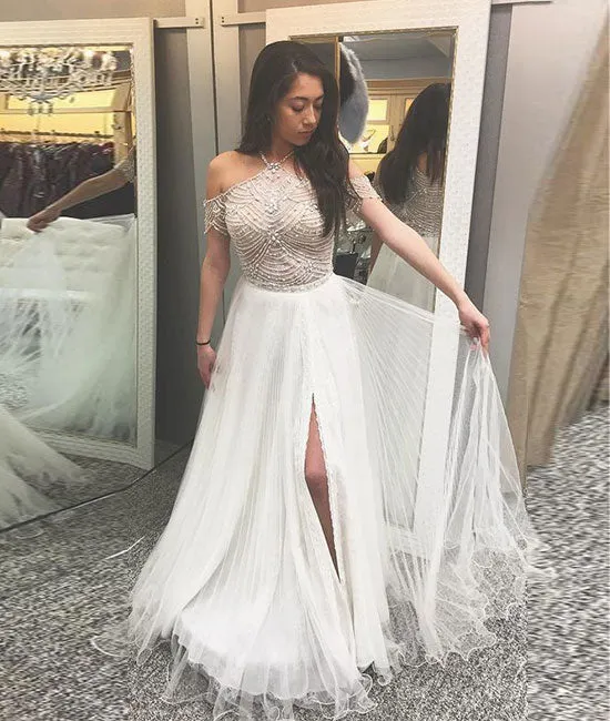 A-Line halter cold shoulder white prom dress with beading, white evening dress