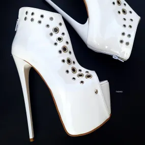 Ankle Cut Pinned Peep Toe White Matte Heels