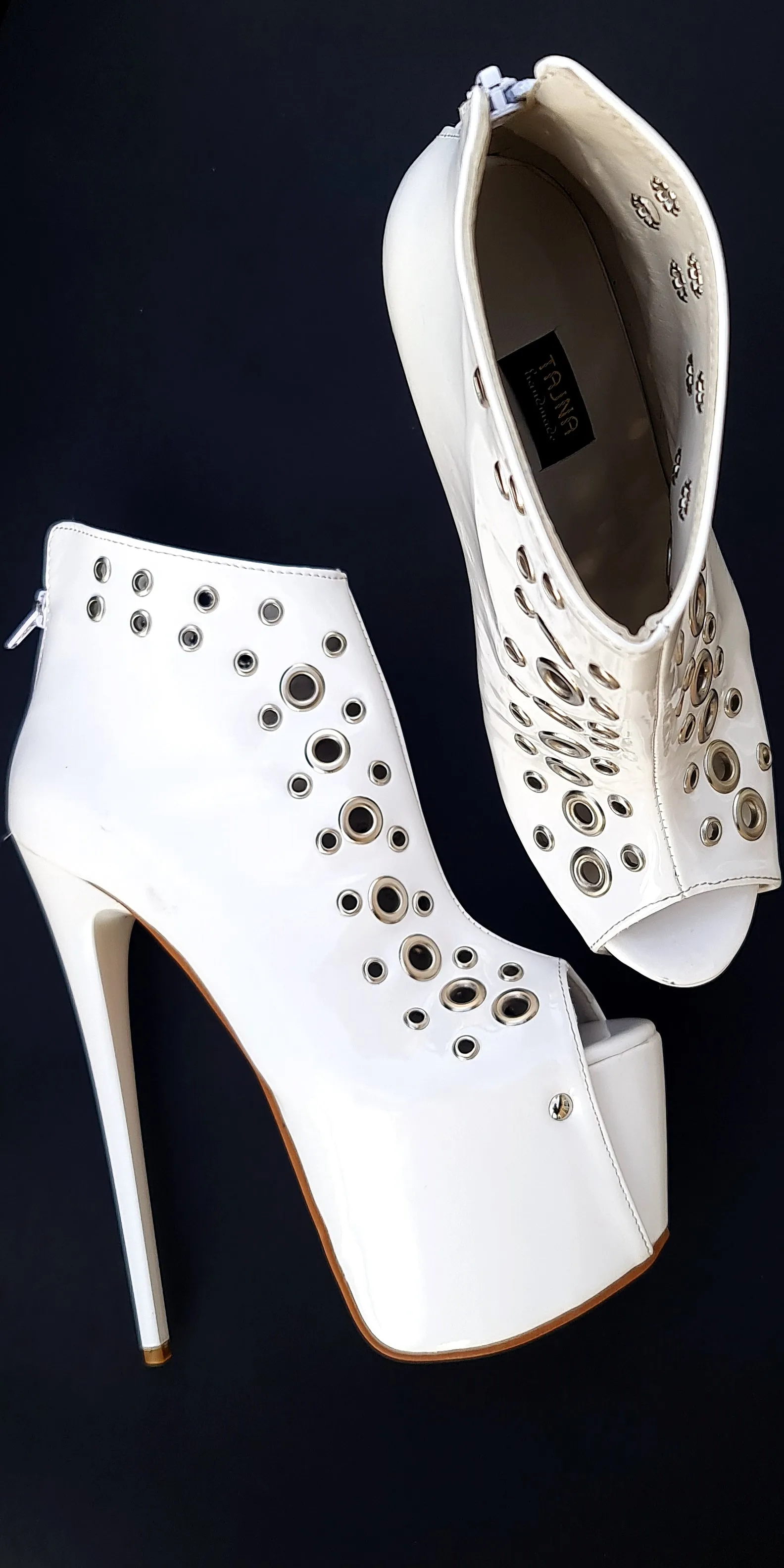 Ankle Cut Pinned Peep Toe White Matte Heels