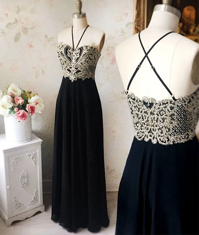 Black chiffon lace long prom dress, black evening dress