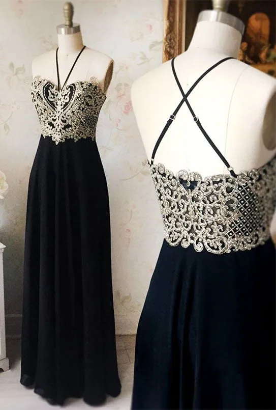 Black chiffon lace long prom dress, black evening dress