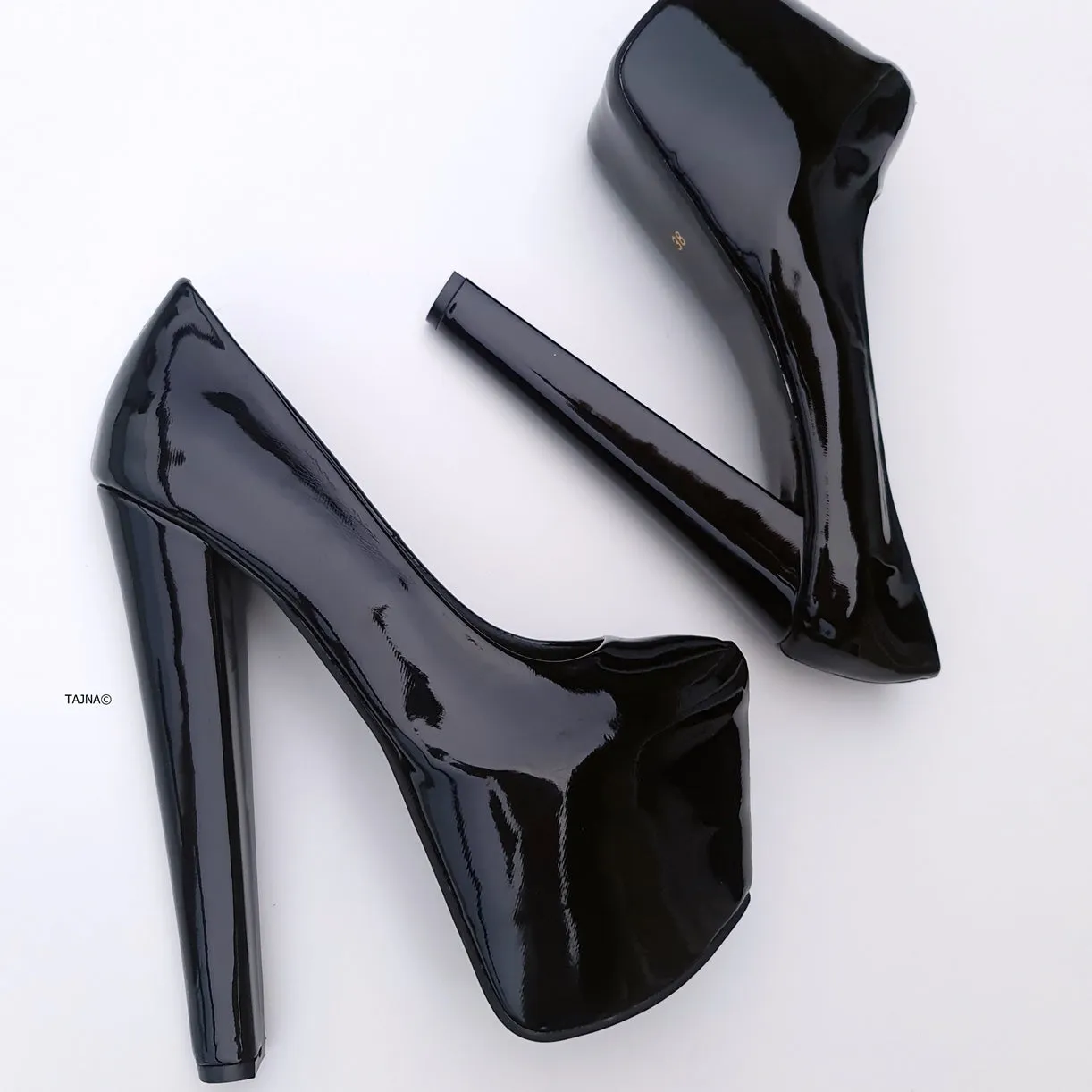 Black Gloss Chunky High Heel Platform Pumps