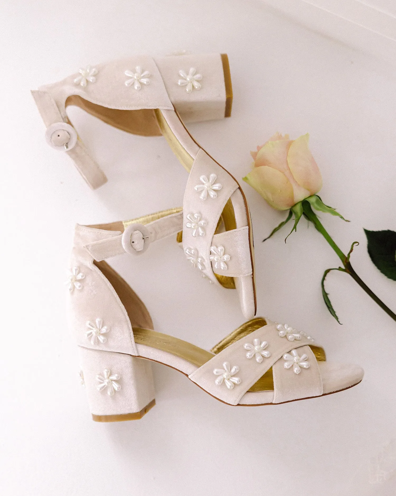 DAISY - PALE PINK VELVET PEARL FLOWER HEELS