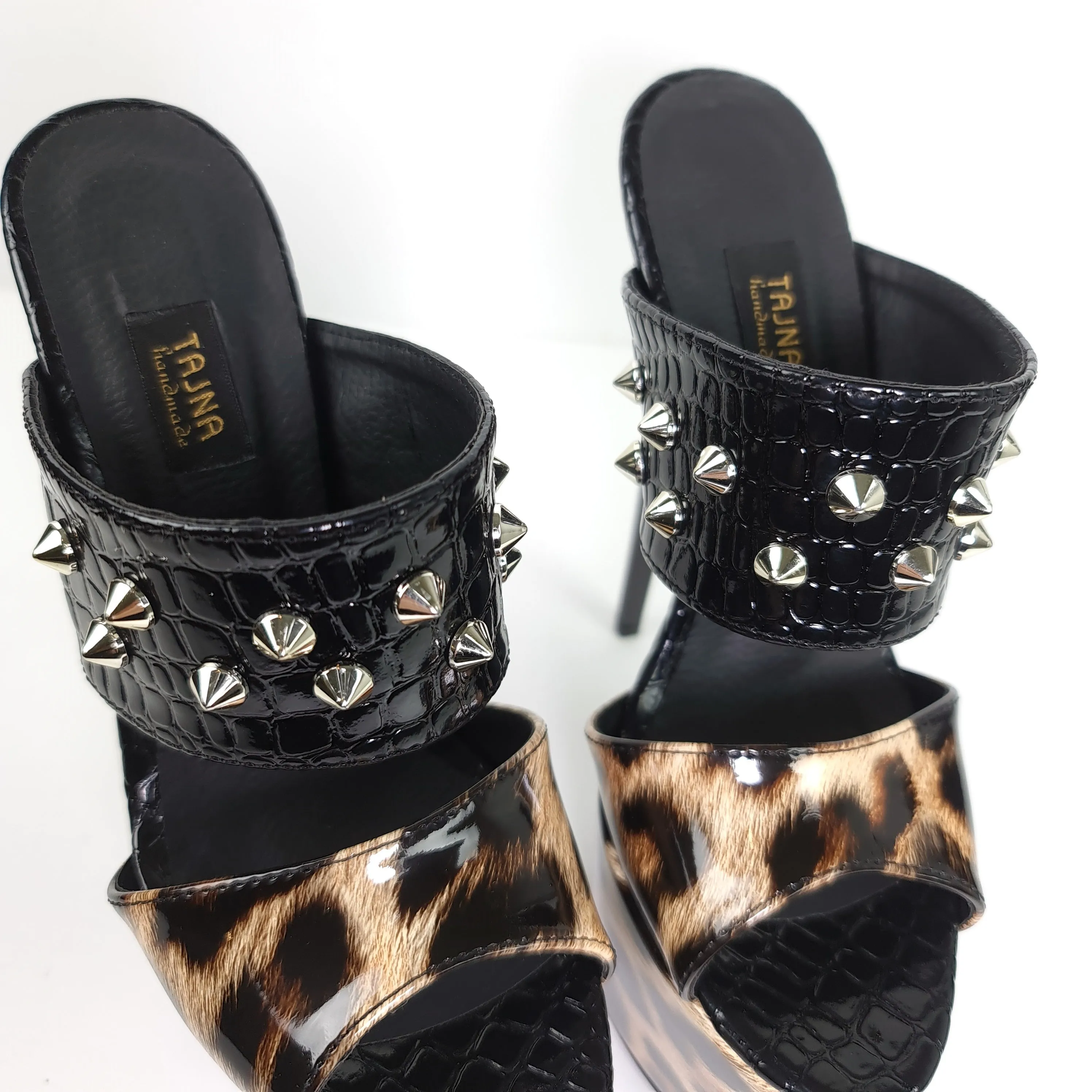 Leopard Black Croco Spike Detailed Mules