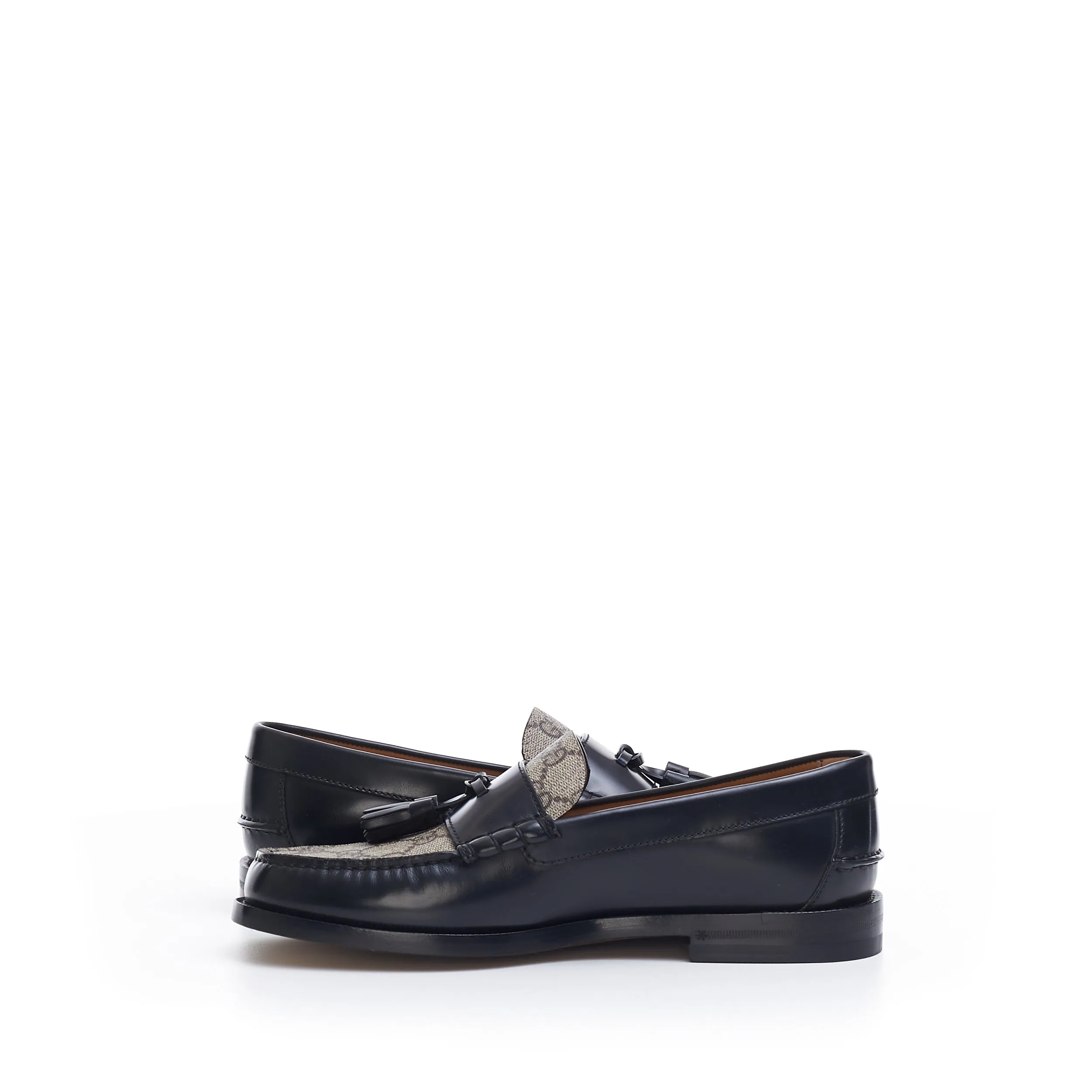 Men's GG Loafer With Tassel In Black Leather & Ebony GG Canvas