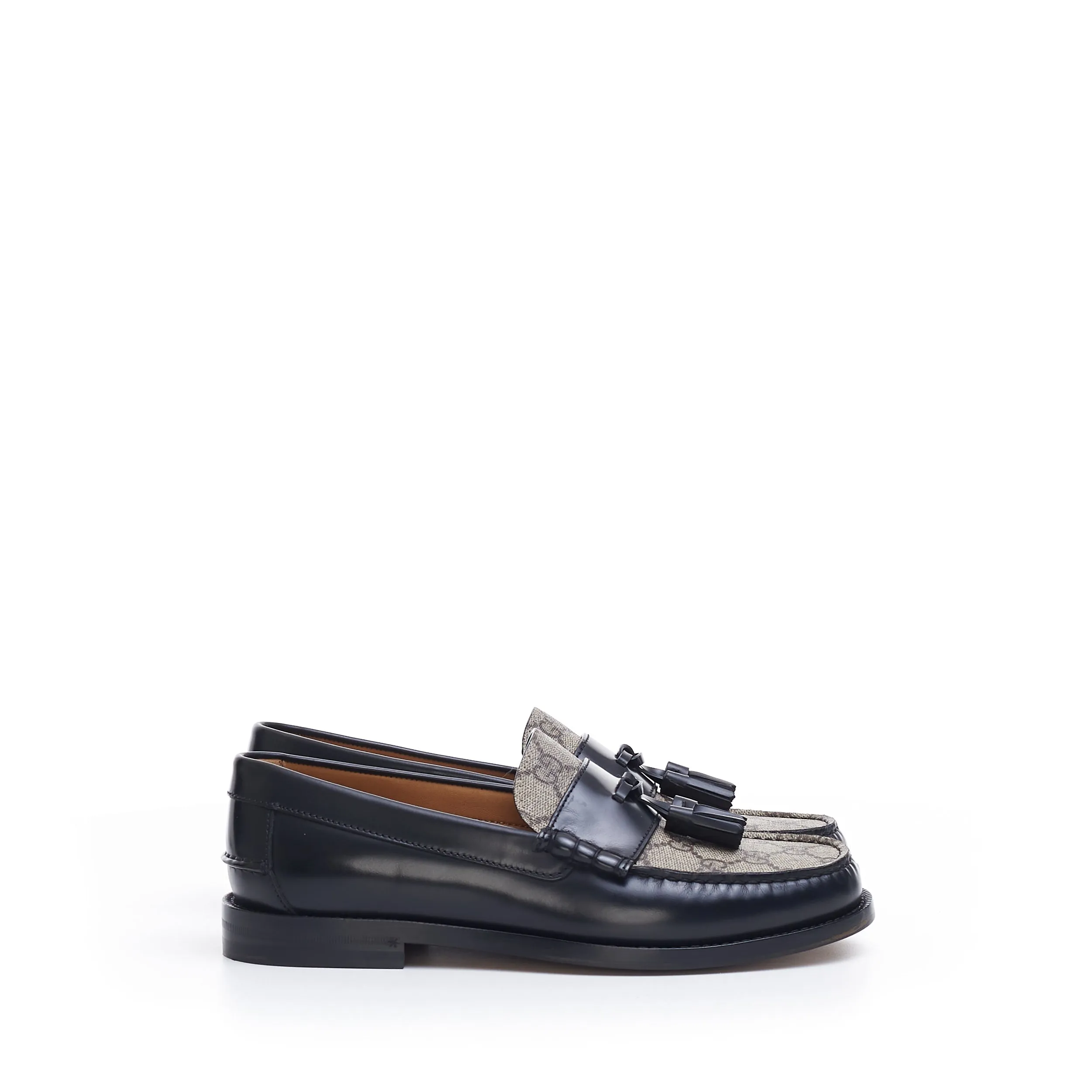 Men's GG Loafer With Tassel In Black Leather & Ebony GG Canvas