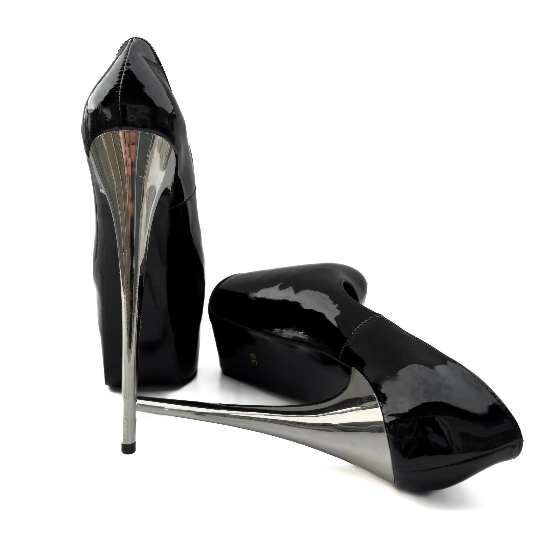 Metallic Heel Black Gloss High Heel Pumps