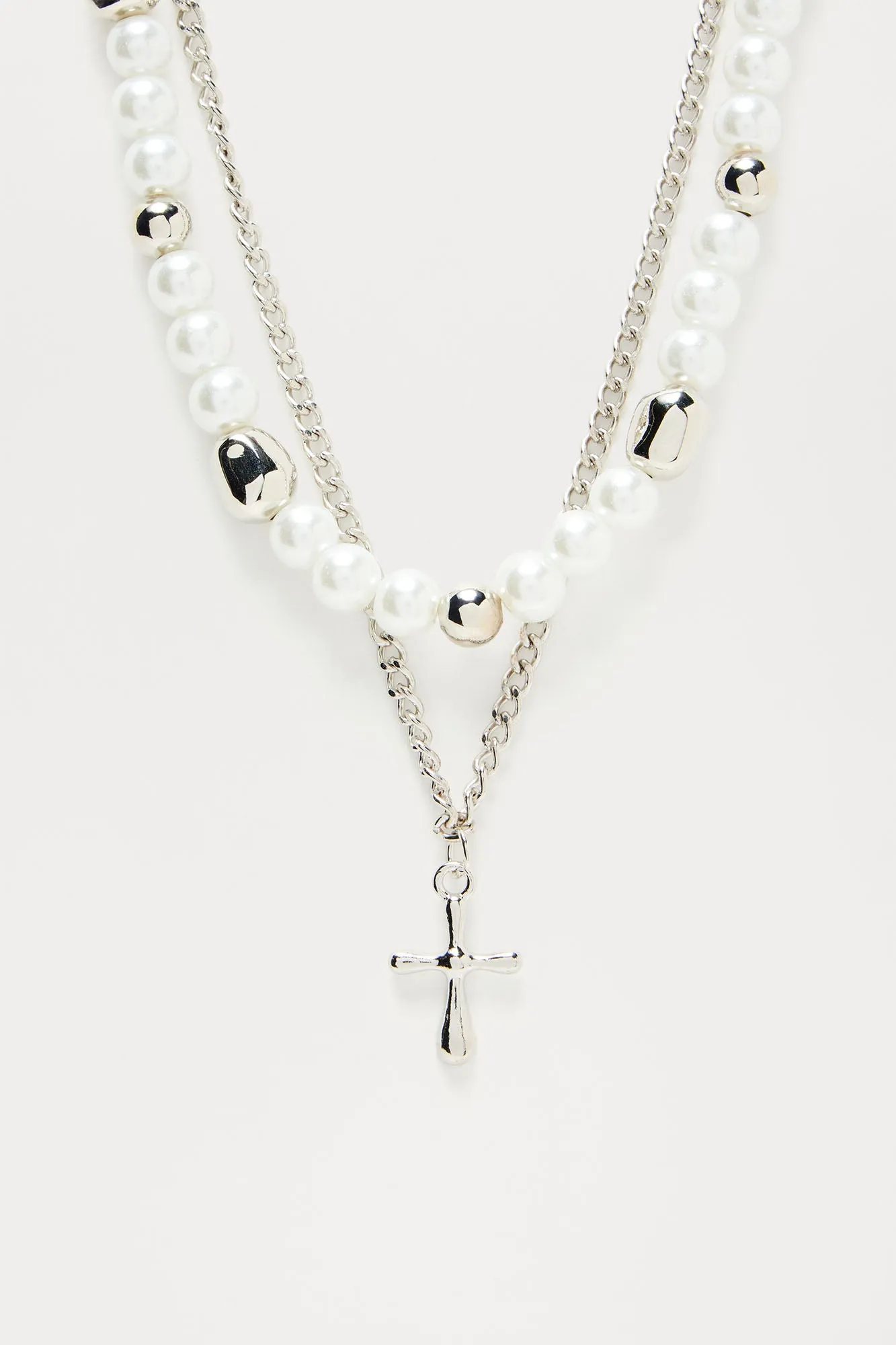 Pearl And Cross Pendant Necklace Stack - Silver