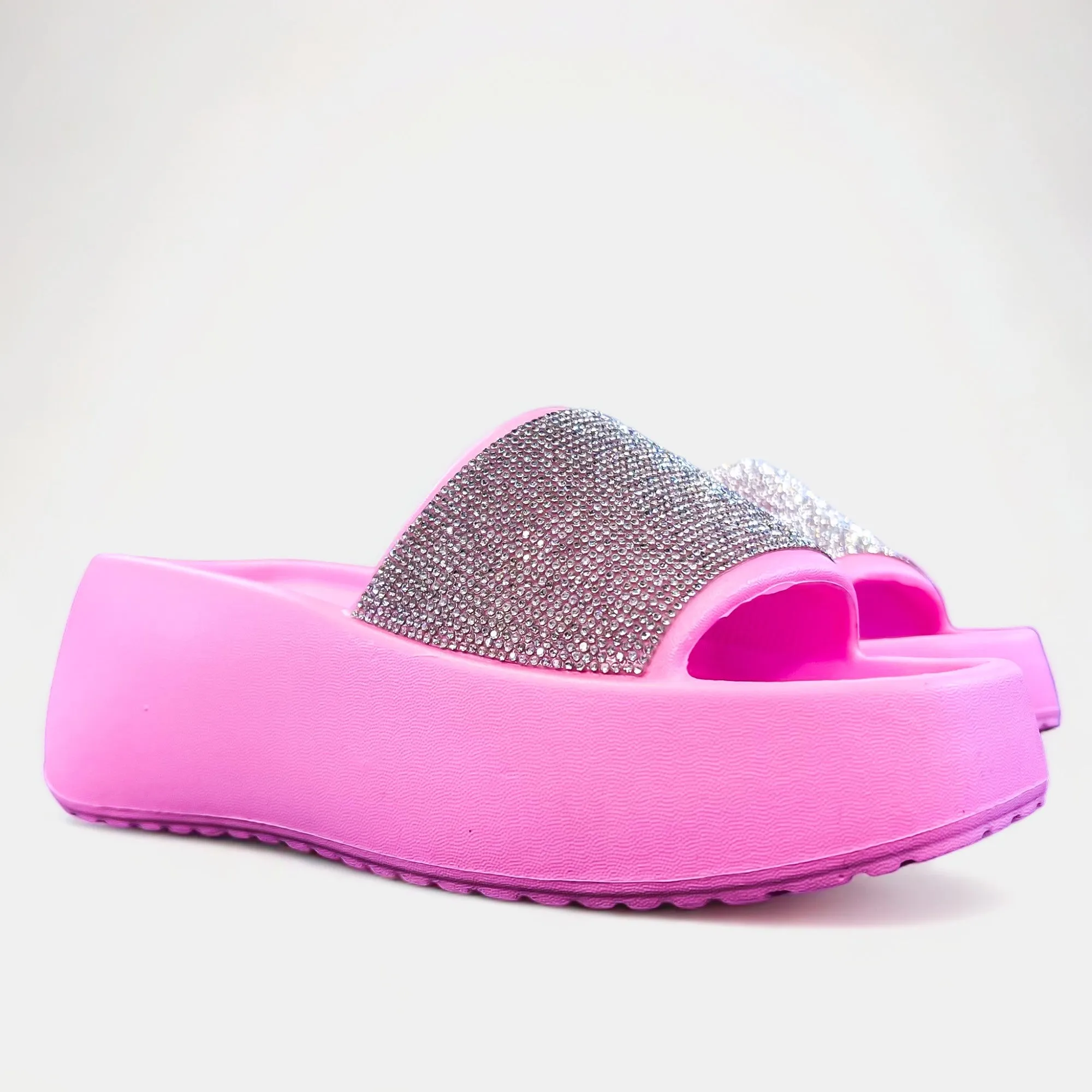 Pink Rhinestone Slip On Platform Sandals