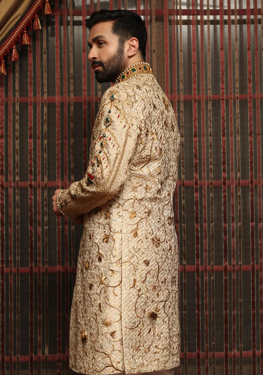 Premium Jamawar Light Gold Sherwani with Jewel and Stone work