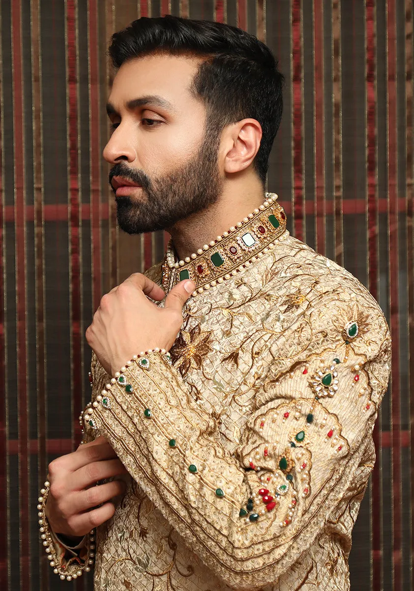 Premium Jamawar Light Gold Sherwani with Jewel and Stone work