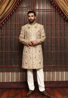 Premium Jamawar Light Gold Sherwani with Jewel and Stone work