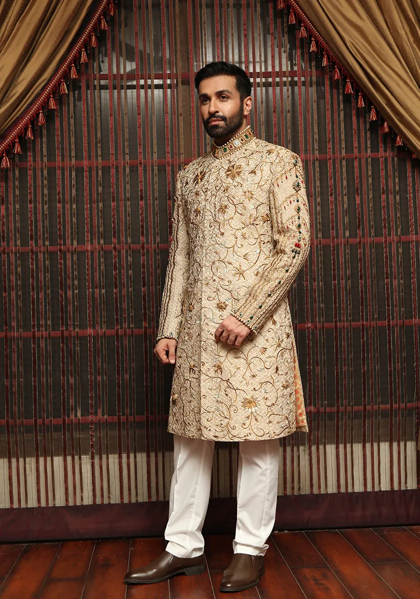 Premium Jamawar Light Gold Sherwani with Jewel and Stone work