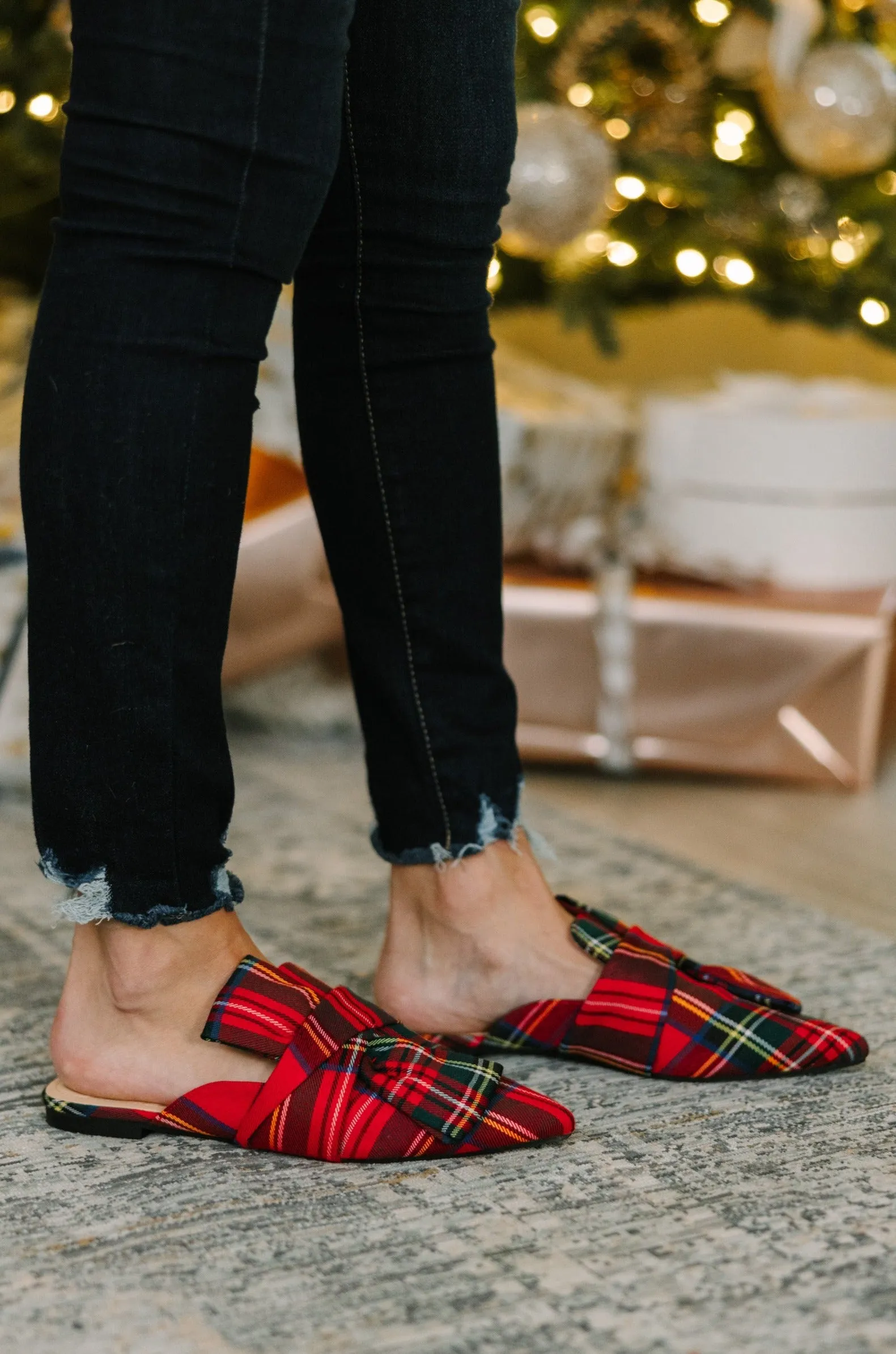 Red Plaid Flat Mules with Bow Detail - Perfect for Under the Tree