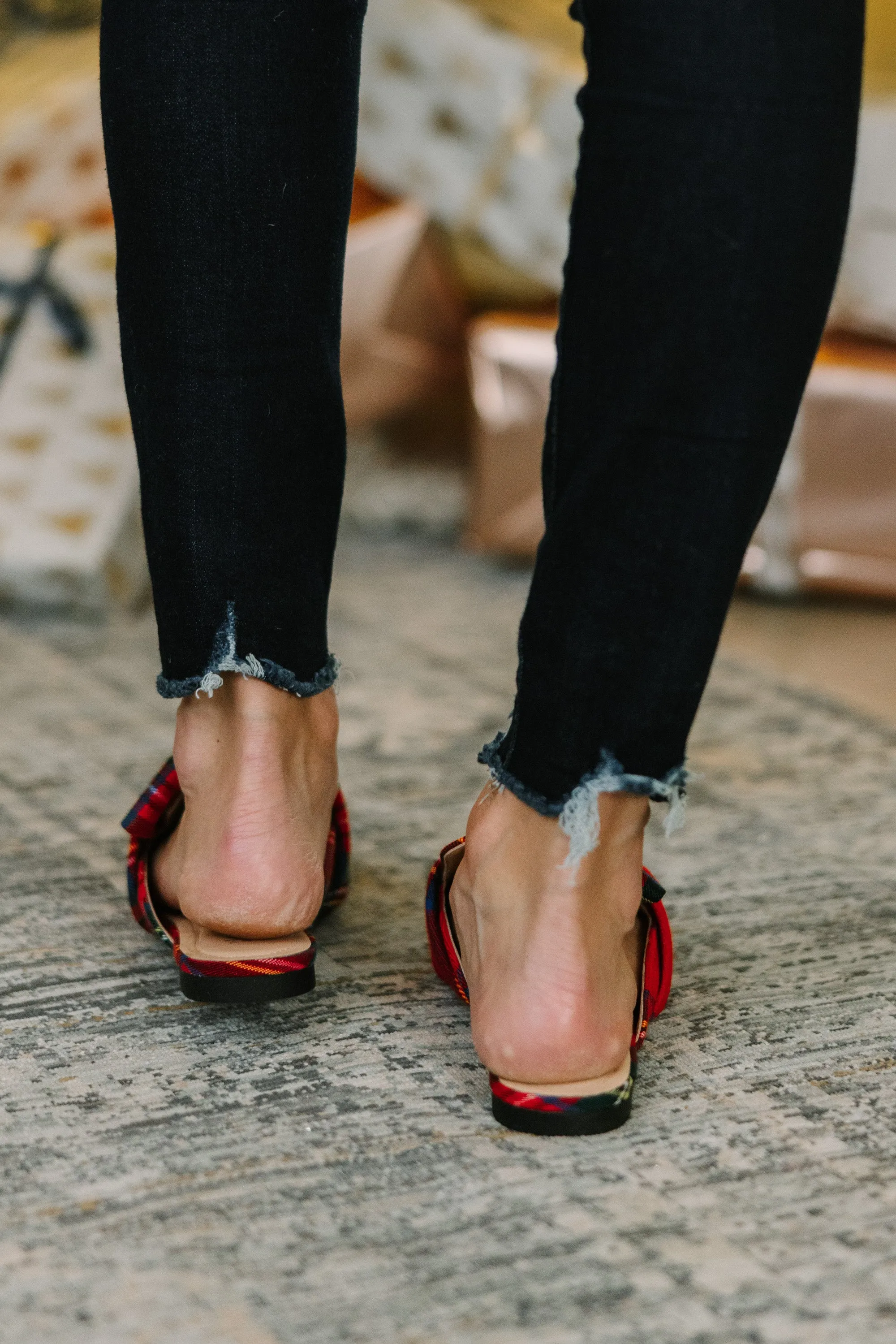 Red Plaid Flat Mules with Bow Detail - Perfect for Under the Tree