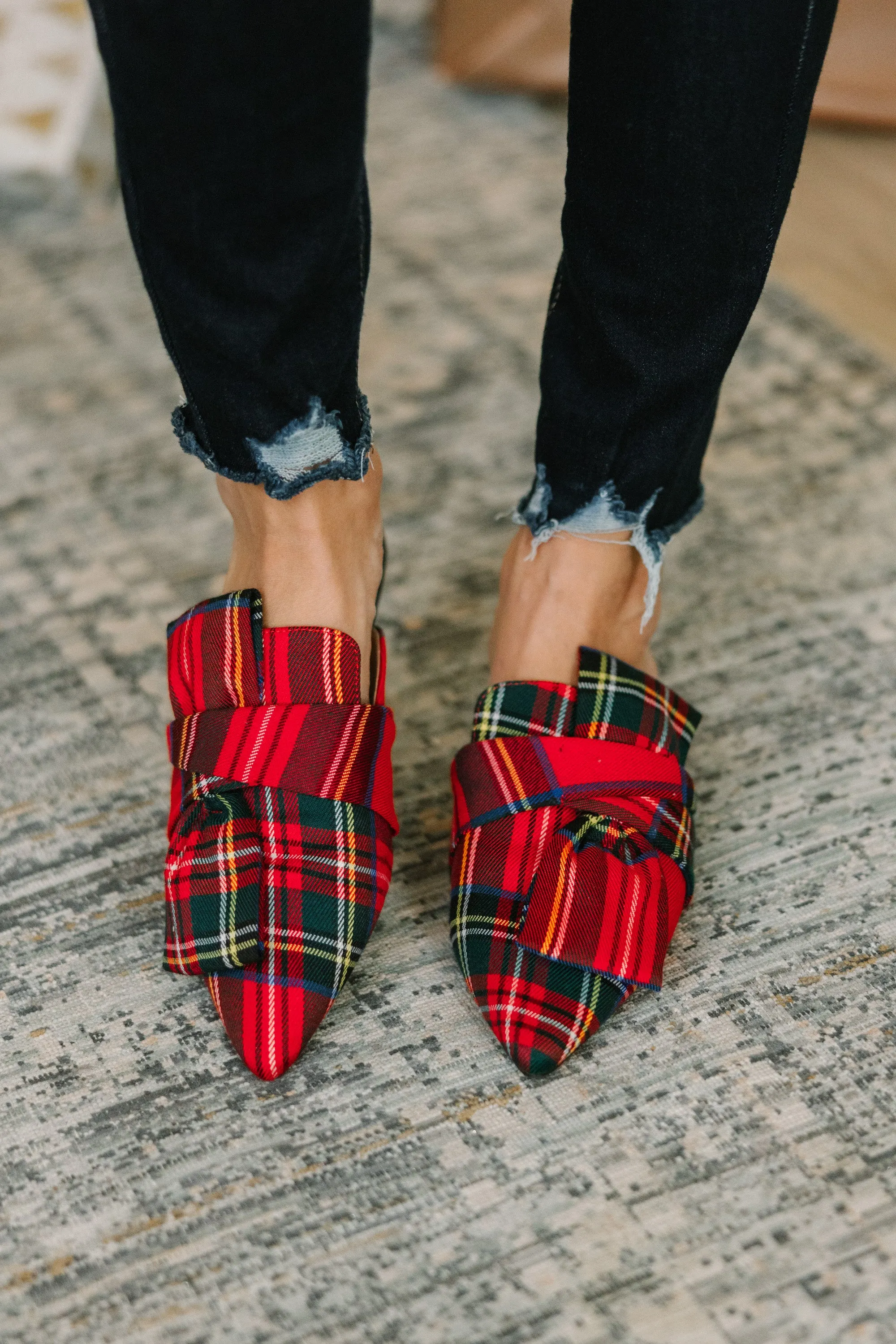 Red Plaid Flat Mules with Bow Detail - Perfect for Under the Tree