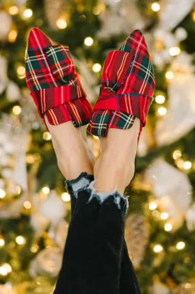 Red Plaid Flat Mules with Bow Detail - Perfect for Under the Tree